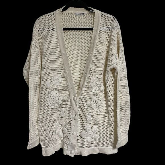Vtg Express Tricot Womens Sweater Long Cardigan Size M Crochet Open Knit Flowers - Picture 1 of 9